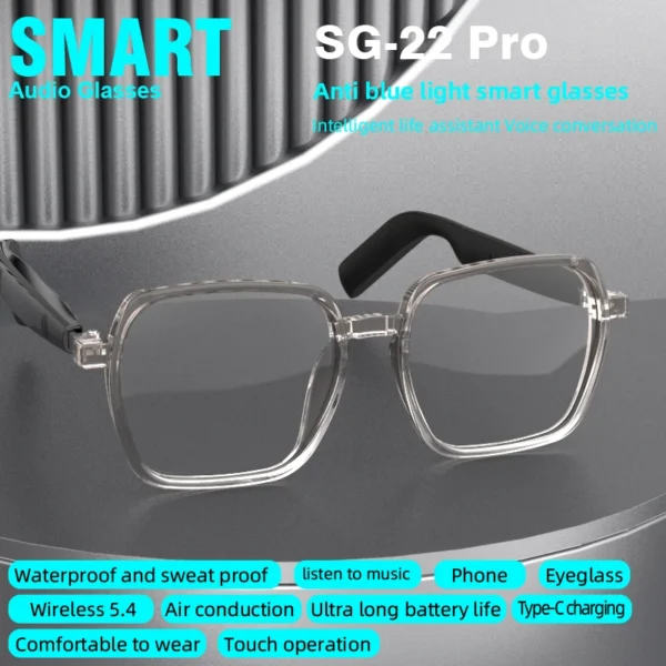 S1e1695f1104f4458bb70e3c06907e4d3S.webp Lunettes intelligentes transparentes SG22 avec Bluetooth 5.4, audio à oreille ouverte, assistant vocal, chargement USB-C, légères et confortables