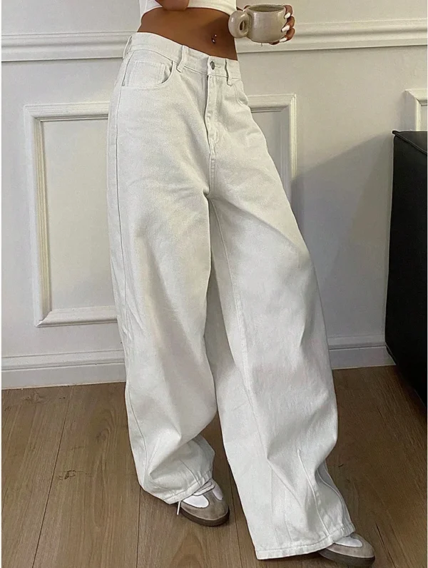 High Waist Jeans For Women Pocket Solid Color Retro Wide Leg Denim Pants Casual Streetwear Office Lady Loose Straight Trousers