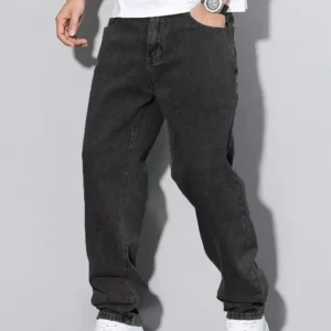 Jean droit noir et gris pour homme, style vintage coréen streetwear Y2K hip-hop décontracté, pantalon en denim gris foncé à jambes larges pour le quotidien