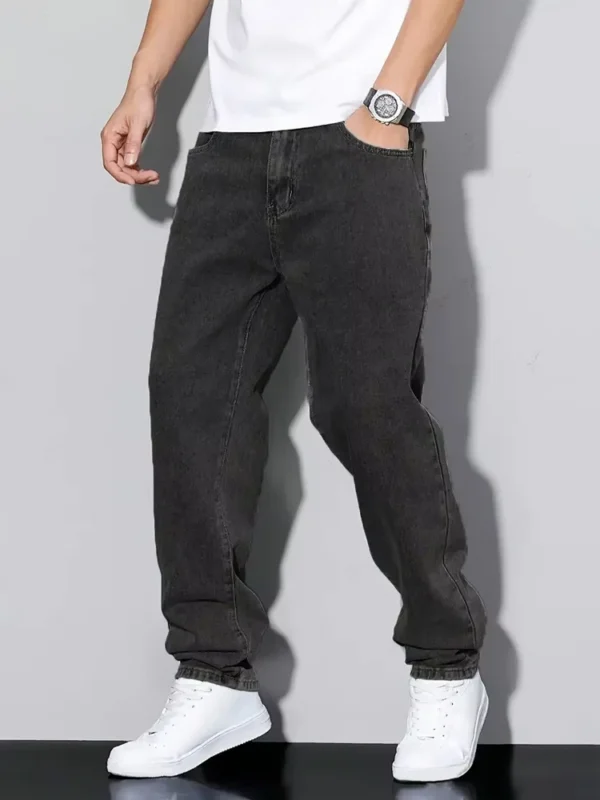 Jean droit noir et gris pour homme, style vintage coréen streetwear Y2K hip-hop décontracté, pantalon en denim gris foncé à jambes larges pour le quotidien