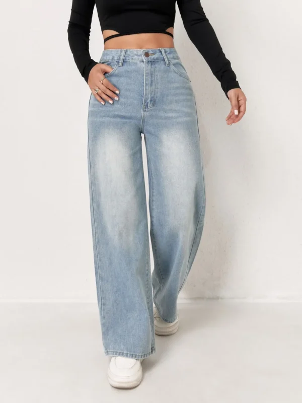 S2558a6fb530c4170bb5f930624c521cep.webp Jeans pour femme style années 2000, pantalon en denim bleu clair à jambes larges, coupe ample, mode simple et extensible, idéal en toutes saisons et décontracté.