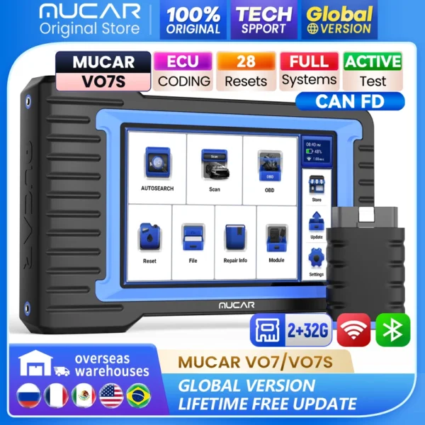 MUCAR VO7S/VO7 Outils de diagnostic automobile Diagnostic complet du système 28 Réinitialisation du calculateur et codage OBD2 bidirectionnel Scanner automobile Mise à jour gratuite