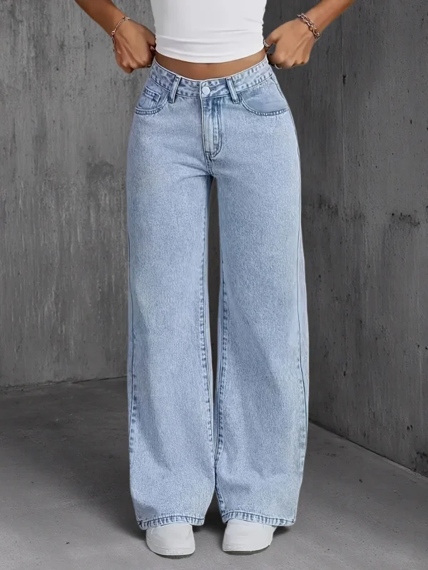 S2b073d51c5a5403eb88557c65dcb201ab.webp Jeans pour femme style années 2000, pantalon en denim bleu clair à jambes larges, coupe ample, mode simple et extensible, idéal en toutes saisons et décontracté.