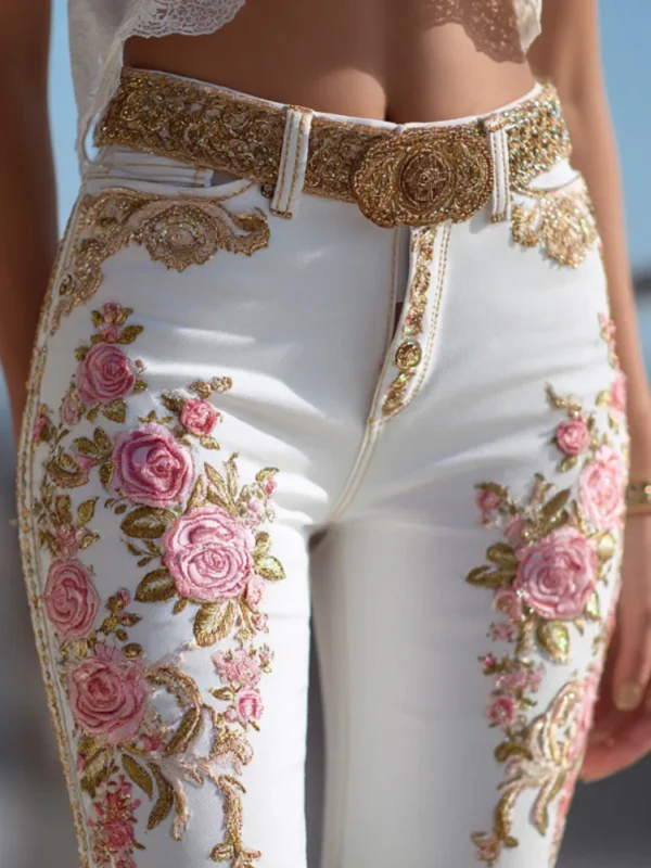 Jean femme style européen/américain à imprimé floral, coupe droite, pantalon en denim décontracté