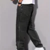 Jean droit noir et gris pour homme, style vintage coréen streetwear Y2K hip-hop décontracté, pantalon en denim gris foncé à jambes larges pour le quotidien