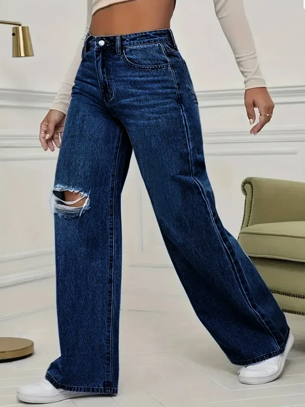 Jean délavé à trous, taille haute, jambes larges, coupe ample, style classique et décontracté, longueur au sol, idéal pour toutes les saisons.