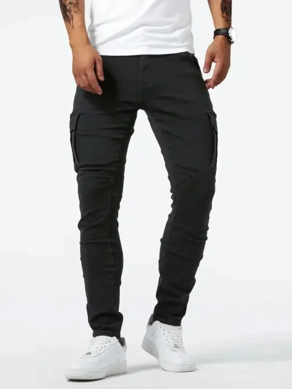 S2f637599b0064d2bbb9f1a61e1648079G.webp Pantalon cargo en denim élastique Street Jeans pour homme, coupe slim, couleur unie, plusieurs poches, style décontracté, taille mi-haute, idéal au quotidien.