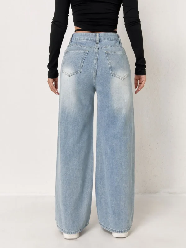 S30a6da7008314c04b9cdc9a46766348dt.webp Jeans pour femme style années 2000, pantalon en denim bleu clair à jambes larges, coupe ample, mode simple et extensible, idéal en toutes saisons et décontracté.