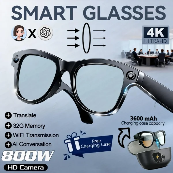 Lunettes intelligentes pour hommes avec caméra 4K HD 800 W, batterie externe 3600 mAh, traduction multilingue (plus de 100 langues), enregistrement vidéo, lecteur de musique et fonction appel.
