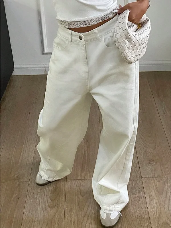 High Waist Jeans For Women Pocket Solid Color Retro Wide Leg Denim Pants Casual Streetwear Office Lady Loose Straight Trousers