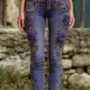Jean femme style européen/américain à imprimé floral, coupe droite, pantalon en denim décontracté