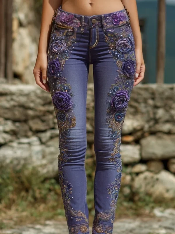 Jean femme style européen/américain à imprimé floral, coupe droite, pantalon en denim décontracté