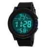 Montre numérique unisexe à grand cadran, éclairage LED, étanche, bracelet en caoutchouc, alarme, noire.