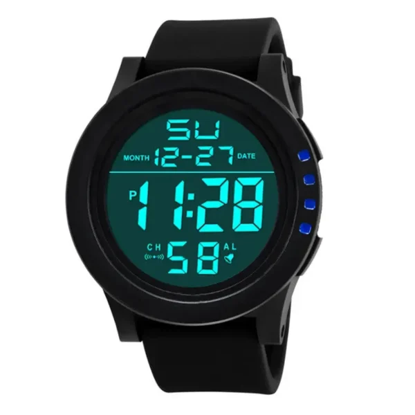 Montre numérique unisexe à grand cadran, éclairage LED, étanche, bracelet en caoutchouc, alarme, noire.