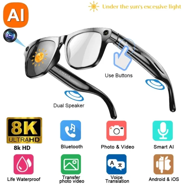 Lenovo 8KHD AI Camera Translation Glasses 1200MP Photochromic Smart Glasses Bluetooth Calling Photo Video ChatGPT Music for  Men