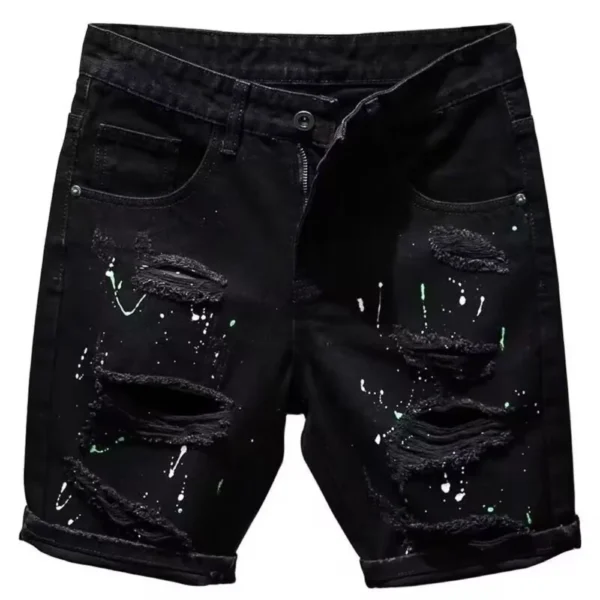 Jeans déchirés style streetwear Kpop Y2K pour homme, imprimé pois tendance, short en jean noir boyfriend décontracté et usé.