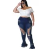 Jean évasé grande taille Wmstar pour femme, taille haute, à bretelles, avec franges et ourlet déchiré, en denim stretch, neuf.