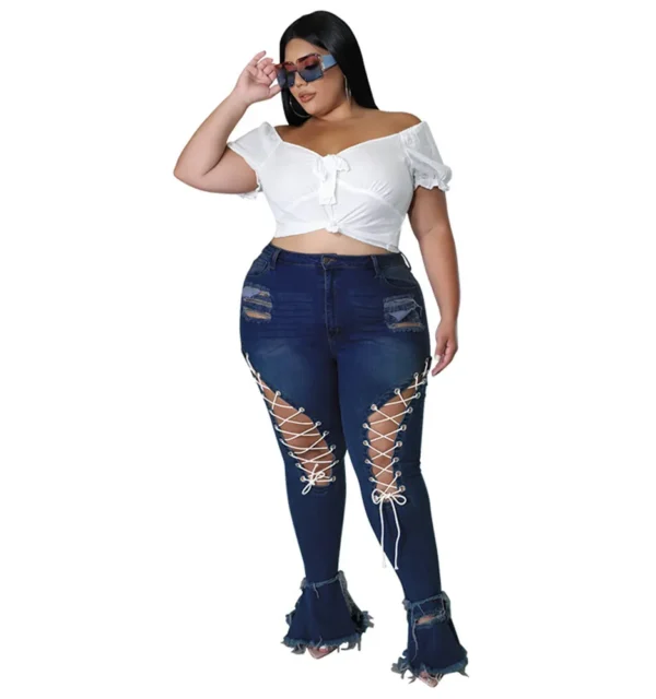 Jean évasé grande taille Wmstar pour femme, taille haute, à bretelles, avec franges et ourlet déchiré, en denim stretch, neuf.