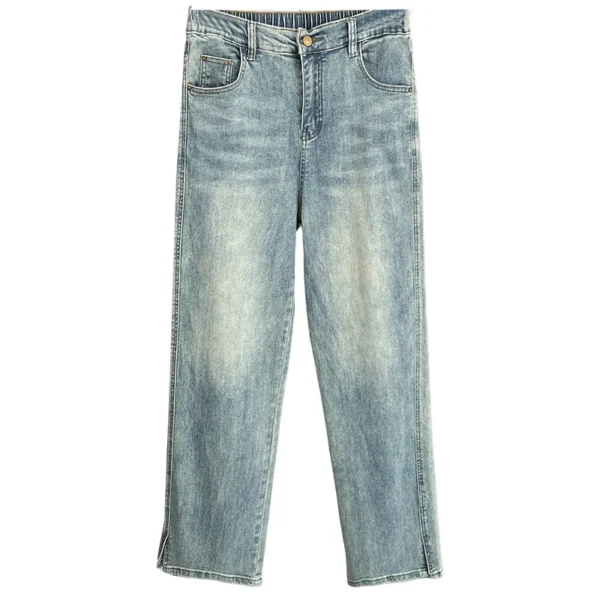 Jean taille haute à jambes droites pour femme, nouveauté automne grandes tailles, coupe ample, extensible, décontracté, simple, fendu, pantalon long.