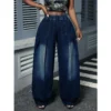 Jean Benuynffy grande taille rétro bleu délavé à jambes larges plissées pour femme, printemps-été, taille élastique, coupe ample, style streetwear Y2K