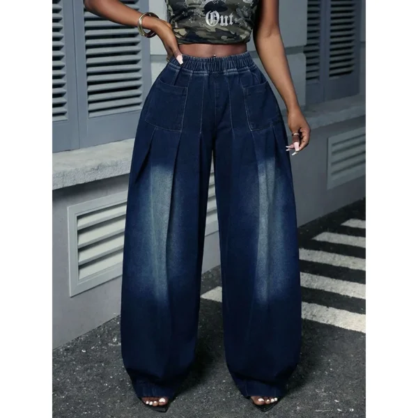 Jean Benuynffy grande taille rétro bleu délavé à jambes larges plissées pour femme, printemps-été, taille élastique, coupe ample, style streetwear Y2K