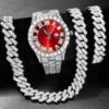 Ensemble de 3 montres hip-hop pour homme, ornées de strass, avec chaîne à maillons cubains et strass. Cadeau idéal pour femme.