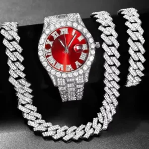 Ensemble de 3 montres hip-hop pour homme, ornées de strass, avec chaîne à maillons cubains et strass. Cadeau idéal pour femme.