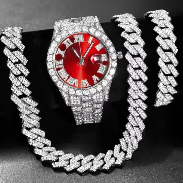 Ensemble de 3 montres hip-hop pour homme, ornées de strass, avec chaîne à maillons cubains et strass. Cadeau idéal pour femme.