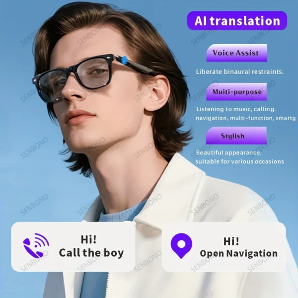 Lunettes connectées SENBONO pour hommes et femmes : appels Bluetooth, traduction IA, contrôle de la musique, réglage du volume, protection contre la lumière bleue.