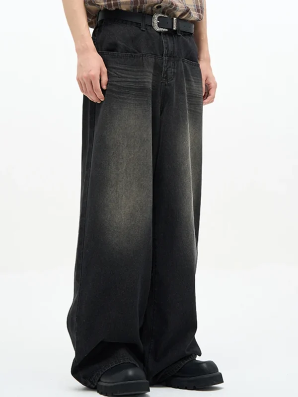 Jean homme style américain classique, hip-hop rap, jambes larges, populaire chez les jeunes, pantalon en denim oversize à jambes droites et coupe rétro.