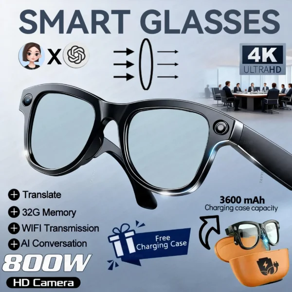 Lunettes intelligentes pour hommes avec caméra 4K HD 800 W, batterie externe 3600 mAh, traduction multilingue (plus de 100 langues), enregistrement vidéo, lecteur de musique et fonction appel.