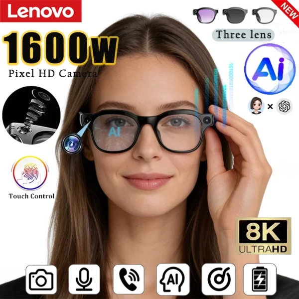 Lunettes intelligentes Lenovo 8K avec IA, Bluetooth, appels et musique, contrôle de la caméra, traduction IA et protection contre la lumière bleue homme.