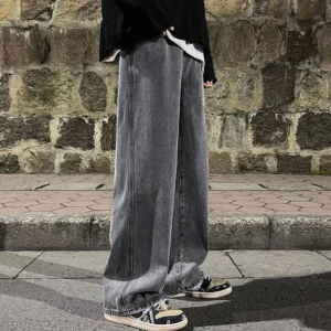 Jeans homme 2025, style coréen, pantalon décontracté étudiant, coupe droite ample, jambes larges, noir, gris, bleu