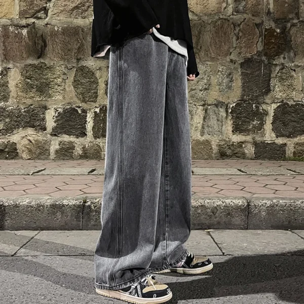 Jeans homme 2025, style coréen, pantalon décontracté étudiant, coupe droite ample, jambes larges, noir, gris, bleu