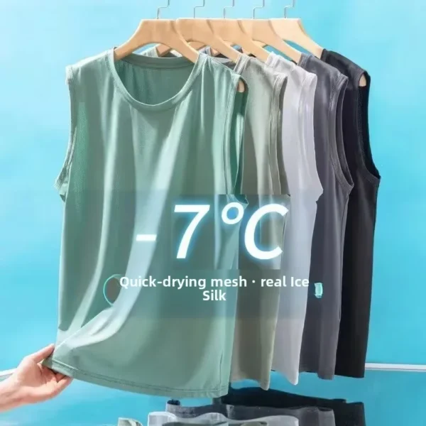 Débardeur sans manches en maille de soie glacée pour homme, collection été 2026. Vêtement d'extérieur léger et tendance, idéal pour le sport.