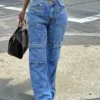 Jeans femme collection printemps-automne 2026, style rétro, multipoches, taille haute, streetwear, décontracté, coupe droite