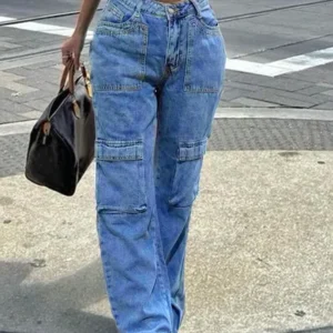 Jeans femme collection printemps-automne 2026, style rétro, multipoches, taille haute, streetwear, décontracté, coupe droite