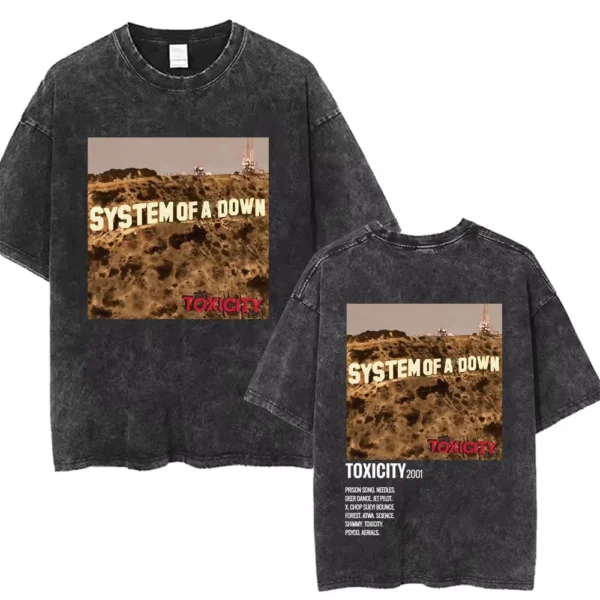 T-shirts délavés à l'effigie de l'album « Toxicity » de System of a Down, style rock, oversize, vintage, alternatif, metal.