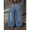 Jean Benuynffy grande taille rétro bleu délavé à jambes larges plissées pour femme, printemps-été, taille élastique, coupe ample, style streetwear Y2K