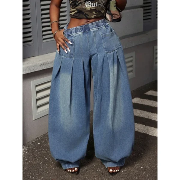Jean Benuynffy grande taille rétro bleu délavé à jambes larges plissées pour femme, printemps-été, taille élastique, coupe ample, style streetwear Y2K