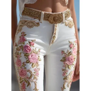 Jean femme style européen/américain à imprimé floral, coupe droite, pantalon en denim décontracté