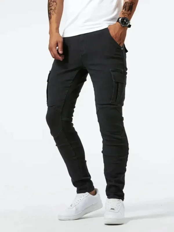 S3c45d840b4b546099cc00cc947ec1d31w.webp Pantalon cargo en denim élastique Street Jeans pour homme, coupe slim, couleur unie, plusieurs poches, style décontracté, taille mi-haute, idéal au quotidien.