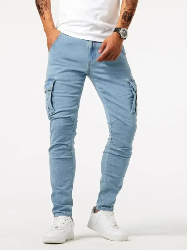 S3d72a5f8be534968beca81425980a704Q.webp Pantalon cargo en denim élastique Street Jeans pour homme, coupe slim, couleur unie, plusieurs poches, style décontracté, taille mi-haute, idéal au quotidien.