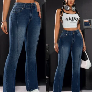Jean en denim stretch taille haute pour femme, coupe droite et confortable, avec double bouton.