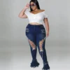 Jean évasé grande taille Wmstar pour femme, taille haute, à bretelles, avec franges et ourlet déchiré, en denim stretch, neuf.
