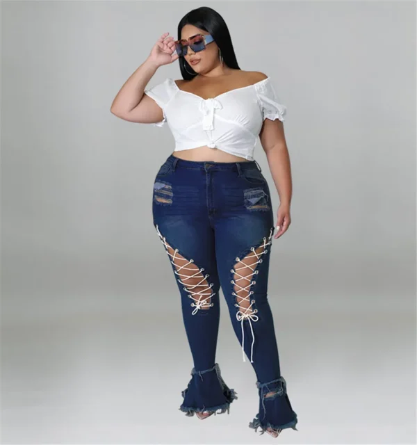 Jean évasé grande taille Wmstar pour femme, taille haute, à bretelles, avec franges et ourlet déchiré, en denim stretch, neuf.