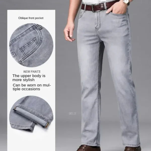 Jean homme, coupe droite, en coton stretch, gris clair, taille haute, style business décontracté.