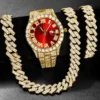 Ensemble de 3 montres hip-hop pour homme, ornées de strass, avec chaîne à maillons cubains et strass. Cadeau idéal pour femme.