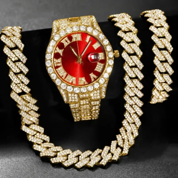 Ensemble de 3 montres hip-hop pour homme, ornées de strass, avec chaîne à maillons cubains et strass. Cadeau idéal pour femme.