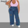 Jean Benuynffy rétro à broderie papillon et ourlet à franges, style streetwear femme, coupe ample, taille haute, droit, jambes larges.